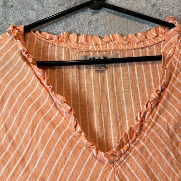 Flax 100% Linen Orange White Striped Sleeveless Ruffle Dress Large Lagenlook - Picture 3 of 7
